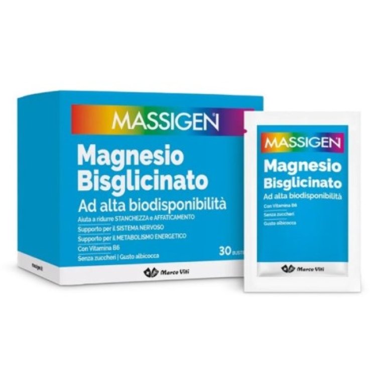 MASSIGEN MAGNESIO BISGLICINATO AD ALTA BIODISPONIBILITA' 30BUSTINE 5 G GUSTO ALBICOCCA SENZA ZUCCHERI, GLUTINE E LATTOSIO