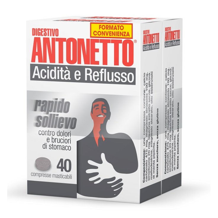 DIGESTIVO ANTONETTO ACIDITA' E REFLUSSO 80 COMPRESSE MASTICABILI 2 ASTUCCI DA 40 COMPRESSE DIGESTIVO ANTONETTO ACIDITA' E REFLUSSO 80 COMPRESSE MASTICABILI 2 ASTUCCI DA 40 COMPRESSE