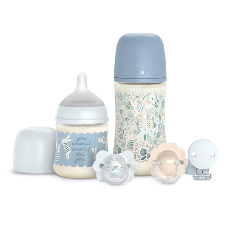 SUAVINEX WONDERLAND WELCOME SET BLU CON BIBERON DA 150 E 270ML + SUCCHIETTI 0-6 MESI CON TETTARELLA IN SILICONE SX PRO+ CLIP COORIDNATA