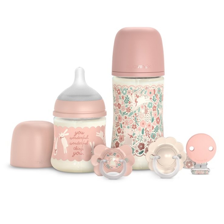 SUAVINEX WONDERLAND WELCOME SET ROSA CON BIBERON DA 150 E 270 ML + SUCCHIETTI 0-6 MESI CON TETTARELLA IN SILICONE SX PRO+ CLIP COORIDNATA
