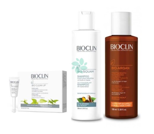 BIOCLIN TRATTAMENTO CAPELLI CON FORFORA GRASSA COFANETTO CONTENENTE BIO-CLEAN UP + BIO-SQUAM SHAMPOO FORFORA GRASSA + BIO-ARGAN OIL - Farmapanda Srl