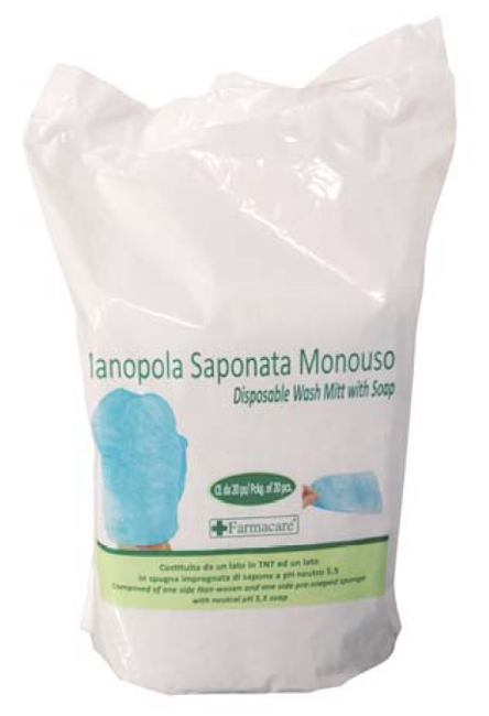 MANOPOLA MONOUSO PER LAVAGGI PARZIALI COMPOSTA DA UNA SPUGNA IN POLIESTERE SAPONATA E DA UN DRAPPO IN TESSUTO NON TESSUTO SENZA RISCIACQUO DETERGENTE A PH ISOCUTANEO - Farmapanda Srl