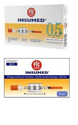 SIRINGA PER INSULINA PIC INSUMED 0,5 ML 100 UI AGO GAUGE 29 LUNGHEZZA 12,7 MM SENZA SPAZIO MORTO 3 SACCHETTI DA 30 PEZZI - Farmapanda Srl