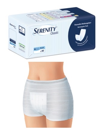 PANNOLONE PER INCONTINENZA FORMATO RETTANGOLARE CON BARRIERA SERENITY 30 PEZZI - Farmapanda Srl