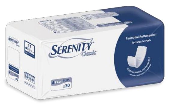 PANNOLONE PER INCONTINENZA RETTANGOLARE SENZA BARRIERA IMPERMEABILE SERENITY CLASSIC 30 PEZZI - Farmapanda Srl