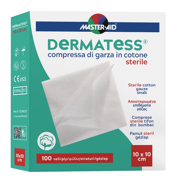 GARZA COMPRESSA MASTER-AID DERMATESS COTONE 10X10CM 100 PEZZI - Farmapanda Srl