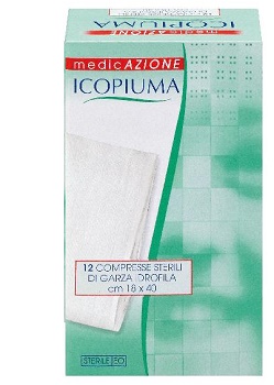 ICOPIUMA GARZA COMPRESSA IDROFILA IN COTONE PIEGATA STERILE SENZA FILO DI BARIO TITOLO 12/8 MISURA 18X40 CM IN BUSTA SINGOLA 12 PEZZI - Farmapanda Srl
