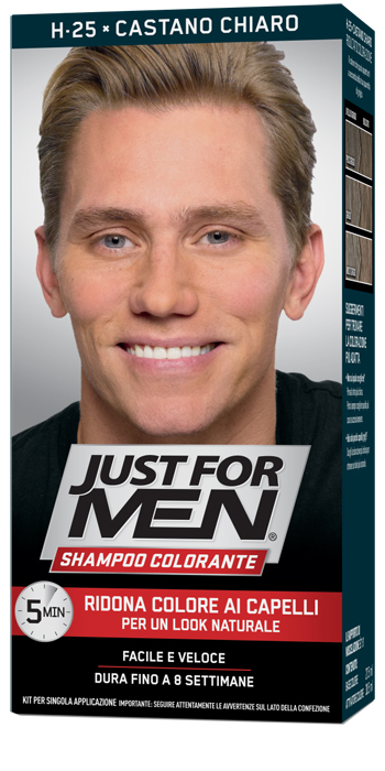 JUST FOR MEN SHAMPOO COLORANTE H25 CASTANO CHIARO ATTIVATORE CHIARO 38,5 ML + BASE COLORE 27,5 ML - Farmapanda Srl