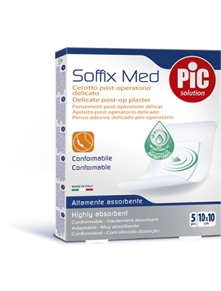 CEROTTO PIC SOFFIX MED IN TNT CON TAMPONE CENTRALE ASSORBENTE STERILE MONOUSO 10X10 CM ANTIBATTERICO 5 PEZZI - Farmapanda Srl