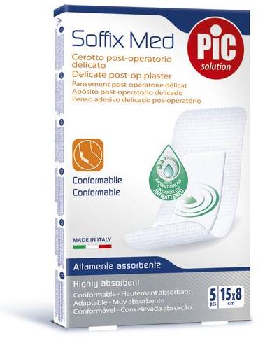 CEROTTO PIC SOFFIX MED IN TNT CON TAMPONE CENTRALE ASSORBENTE STERILE MONOUSO 15X8 CM ANTIBATTERICO 5 PEZZI - Farmapanda Srl