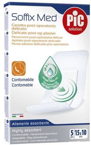 CEROTTO PIC SOFFIX MED IN TNT CON TAMPONE CENTRALE ASSORBENTE STERILE MONOUSO 10X15 CM ANTIBATTERICO 5 PEZZI - Farmapanda Srl