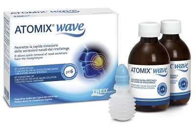 ATOMIX WAVE DISPOSITIVO PER IGIENE RINOFARINGEA ATOMIX SOLUZIONE SALINA 250 ML 2 PEZZI + TERMINALE NASALE + EROGATORE A SOFFIETTO - Farmapanda Srl