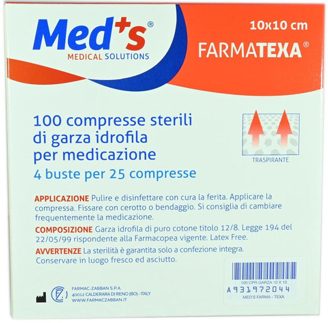 GARZA COMPRESSA IDROFILA MEDS FARMATEXA 2/8 10X10CM 100 PEZZI - Farmapanda Srl