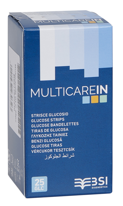 STRISCE MISURAZIONE GLICEMIA MULTICARE IN GLUCOSIO ELETTRODO 25 PEZZI - Farmapanda Srl