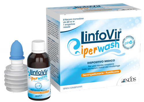 LINFOVIR IPERWASH SOLUZIONE SALINA IPERTONICA TAMPONATA 8 FLACONI DA 60 ML + 1 EROGATORE NASALE - Farmapanda Srl