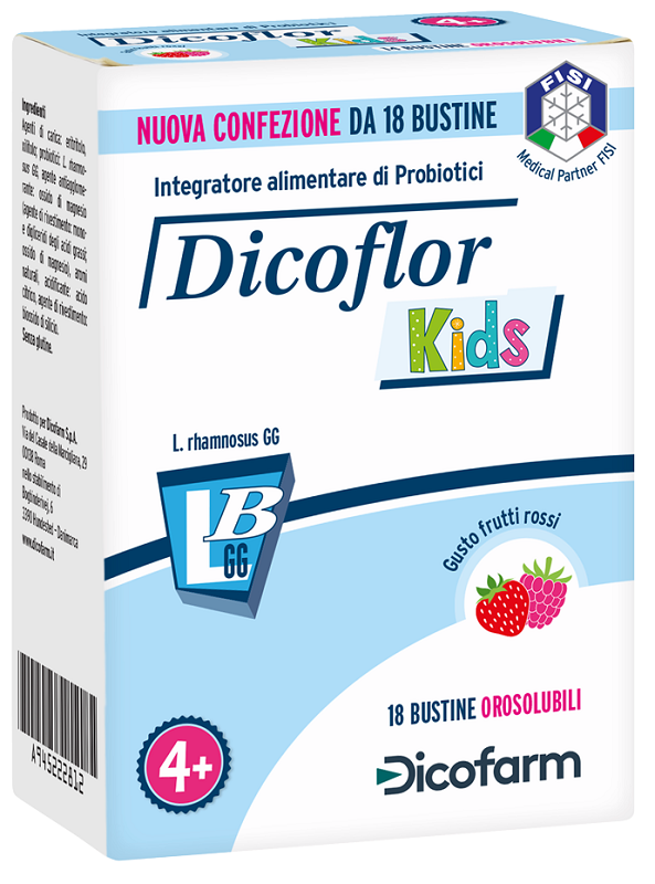 DICOFLOR KIDS 18 BUSTINE OROSOLUBILI GUSTO FRUTTI ROSSI - Farmapanda Srl