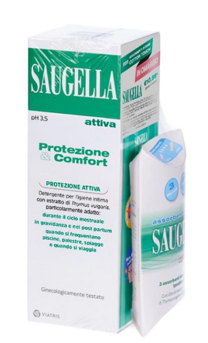 SAUGELLA PROTEZIONE&COMFORT BUNDLE 1 ATTIVA 250 ML + 3 ASSORBENTI INTERNI REGULAR IN OMAGGIO + GADGET STICKERS MOTIVAZIONALI - Farmapanda Srl