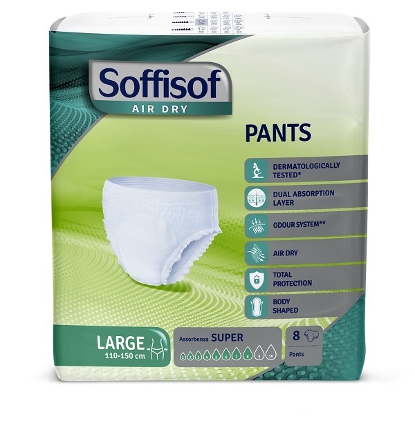 PANNOLONE SOFFISOF AIR DRY PANTS LARGE 110-150CM ASSORBENZA SUPER 8 PEZZI - Farmapanda Srl