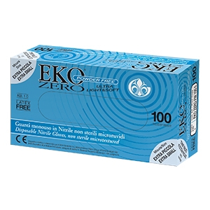 GUANTO MONOUSO IN NITRILE BLU SUPERFICIE MICRORUVIDA EKO ZERO PW SENZA POLVERE MISURA 8 MEDIUM 100 PEZZI - Farmapanda Srl