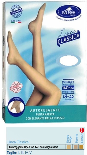 SAUBER AUTOREGGENTE OPEN TOE MAGLIA LISCIA 140 DEN COLORE NEUTRO BEIGE TAGLIA 3 LINEA CLASSICA - Farmapanda Srl