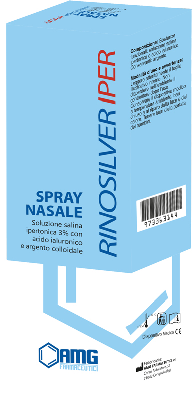 RINOSILVER SOLUZIONE SALINA IPERTONICA 3% CON ACIDO IALURONICO E ARGENTO COLLOIDALE SPRAY NASALE 20 ML - Farmapanda Srl