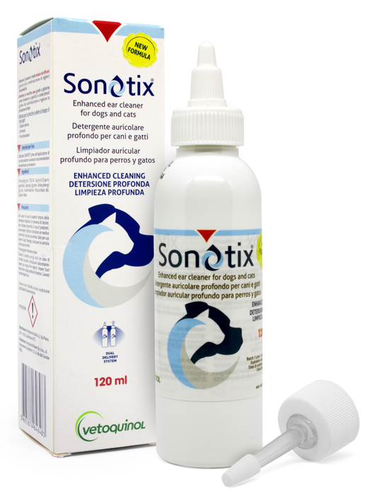 SONOTIX DETERGENTE AURICOLARE PROFONDO CANI E GATTI 120 ML + CANNULA CORTA RIGIDA + CANNULA LUNGA FLESSIBILE - Farmapanda Srl