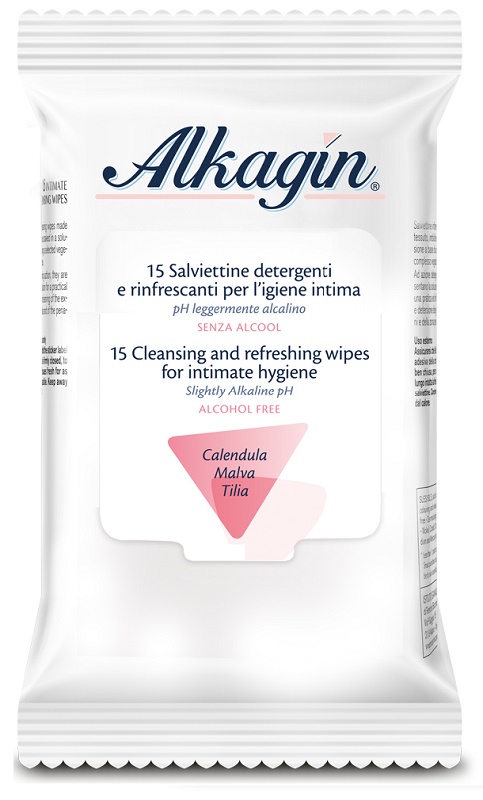 ALKAGIN SALVIETTINE DETERGENTI E RINFRESCANTI PER L'IGIENE INTIMA PH LEGGERMENTE ALCALINO SENZA ALCOOL 15 PEZZI CALENDULA MALVA E TILIA - Farmapanda Srl