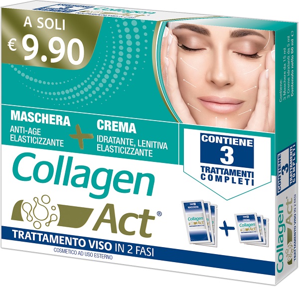 COLLAGEN ACT TRATTAMENTO VISO 2 FASI MASCHERA ANTI AGE ELASTICIZZANTE 3 PEZZI DA 15 ML + CREMA IDRATANTE LENITIVA ELASTICIZZANTE 3 PEZZI DA 5 ML - Farmapanda Srl