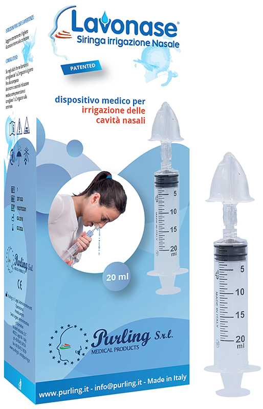 LAVONASE IRRIGAZIONE NASALE NON STERILE SIRINGA 20 ML + LUER-LOCK CON CAPPUCCIO + UGELLO NASALE CON RACCORDO LUER-LOCK + PERFORATORE CON VALVOLA NON RITORNO CON TAPPO - Farmapanda Srl