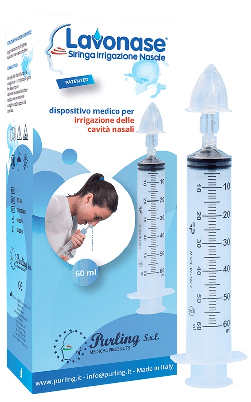 LAVONASE IRRIGAZIONE NASALE NON STERILE SIRINGA 60 ML + LUER-LOCK CON CAPPUCCIO + UGELLO NASALE CON RACCORDO LUER-LOCK + PERFORATORE CON VALVOLA NON RITORNO CON TAPPO - Farmapanda Srl