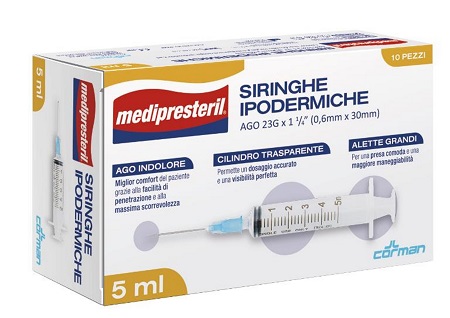 SIRINGA IPODERMICA MEDIPRESTERIL AGO 23 GAUGE 1 1/4 0,5X30MM 5 ML 10 PEZZI - Farmapanda Srl