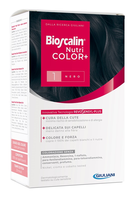 BIOSCALIN NUTRICOLOR PLUS 1 NERO CREMA COLORANTE 40 ML + RIVELATORE CREMA 60 ML + SHAMPOO 12 ML + TRATTAMENTO FINALE BALSAMO 12 ML - Farmapanda Srl