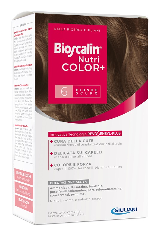 BIOSCALIN NUTRICOLOR PLUS 6 BIONDO SCURO CREMA COLORANTE 40 ML + RIVELATORE CREMA 60 ML + SHAMPOO 12 ML + TRATTAMENTO FINALE BALSAMO 12 ML - Farmapanda Srl
