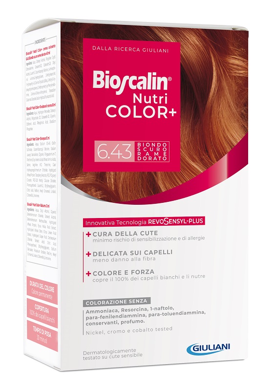BIOSCALIN NUTRICOLOR PLUS 6,43 BIONDO SCURO RAME DORATO CREMA COLORANTE 40 ML + RIVELATORE CREMA 60 ML + SHAMPOO 12 ML + TRATTAMENTO FINALE BALSAMO 12 ML - Farmapanda Srl