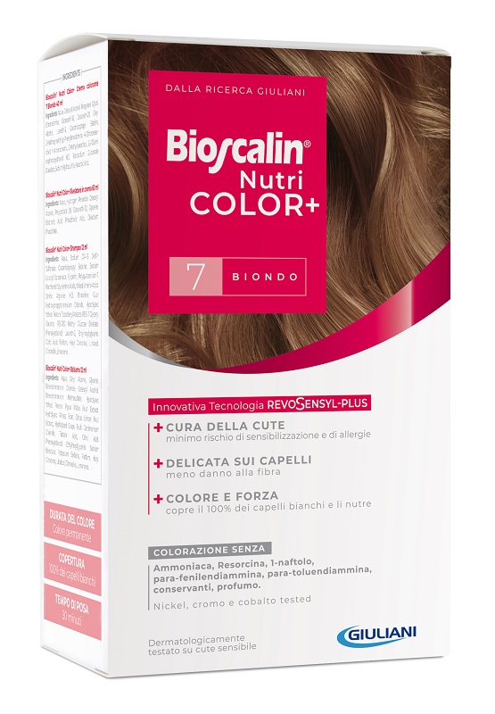 BIOSCALIN NUTRICOLOR PLUS 7 BIONDO CREMA COLORANTE 40 ML + RIVELATORE CREMA 60 ML + SHAMPOO 12 ML + TRATTAMENTO FINALE BALSAMO 12 ML - Farmapanda Srl