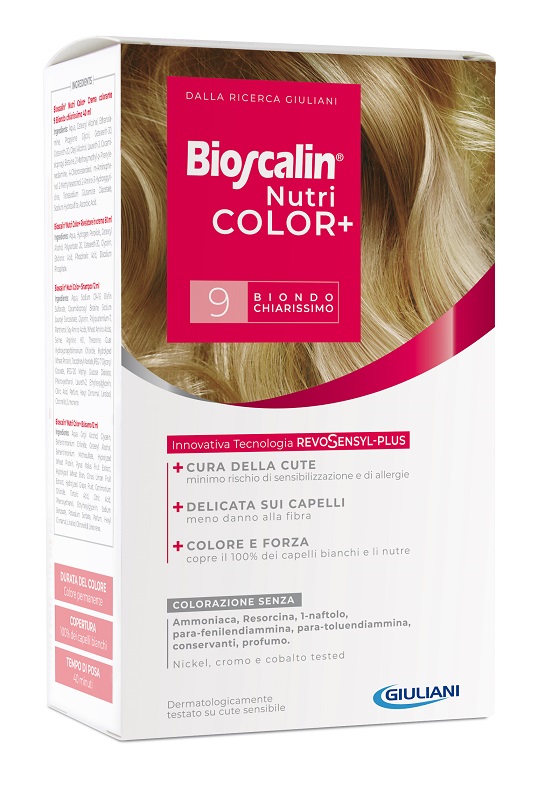 BIOSCALIN NUTRICOLOR PLUS 9 BIONDO CHIARISSIMO CREMA COLORANTE 40 ML + RIVELATORE CREMA 60 ML + SHAMPOO 12 ML + TRATTAMENTO FINALE BALSAMO 12 ML - Farmapanda Srl