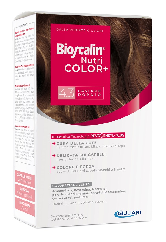 BIOSCALIN NUTRICOLOR PLUS 4,3 CASTANO DORATO CREMA COLORANTE 40 ML + RIVELATORE CREMA 60 ML + SHAMPOO 12 ML + TRATTAMENTO FINALE BALSAMO 12 ML - Farmapanda Srl