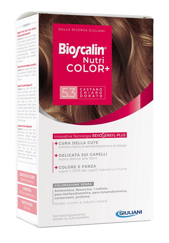 BIOSCALIN NUTRICOLOR PLUS 5,3 CASTANO CHIARO DORATO CREMA COLORANTE 40 ML + RIVELATORE CREMA 60 ML + SHAMPOO 12 ML + TRATTAMENTO FINALE BALSAMO 12 ML - Farmapanda Srl