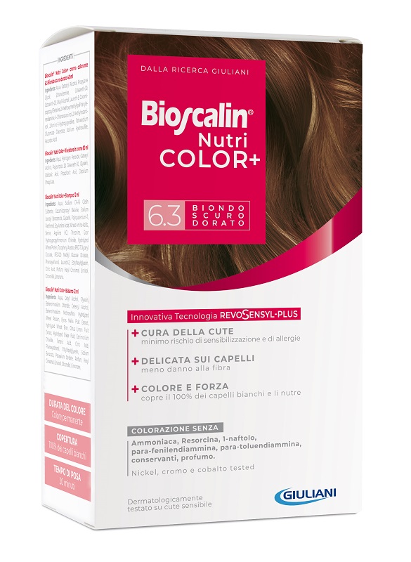 BIOSCALIN NUTRICOLOR PLUS 6,3 BIONDO SCURO DORATO CREMA COLORANTE 40 ML + RIVELATORE CREMA 60 ML + SHAMPOO 12 ML + TRATTAMENTO FINALE BALSAMO 12 ML - Farmapanda Srl