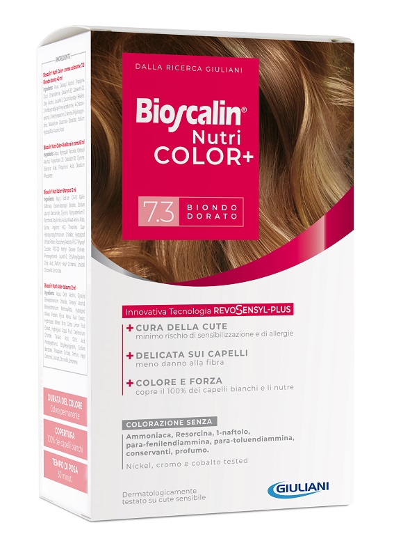 BIOSCALIN NUTRICOLOR PLUS 7,3 BIONDO DORATO CREMA COLORANTE 40 ML + RIVELATORE CREMA 60 ML + SHAMPOO 12 ML + TRATTAMENTO FINALE BALSAMO 12 ML - Farmapanda Srl