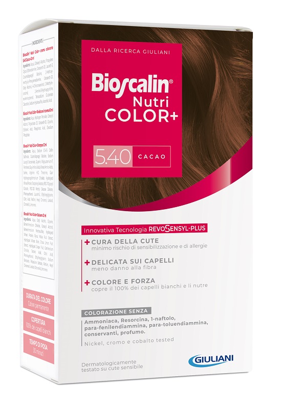 BIOSCALIN NUTRICOLOR PLUS 5,40 CACAO CREMA COLORANTE 40 ML + RIVELATORE CREMA 60 ML + SHAMPOO 12 ML + TRATTAMENTO FINALE BALSAMO 12 ML - Farmapanda Srl