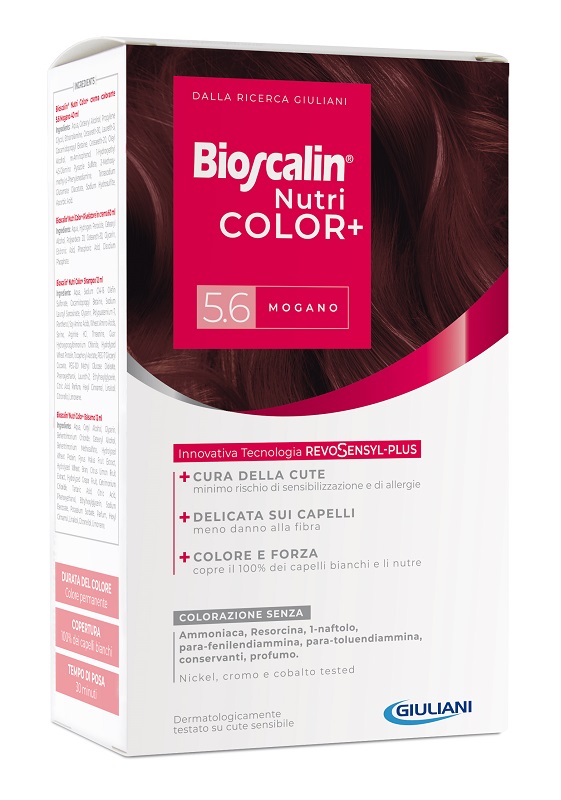 BIOSCALIN NUTRICOLOR PLUS 5,6 MOGANO CREMA COLORANTE 40 ML + RIVELATORE CREMA 60 ML + SHAMPOO 12 ML + TRATTAMENTO FINALE BALSAMO 12 ML - Farmapanda Srl