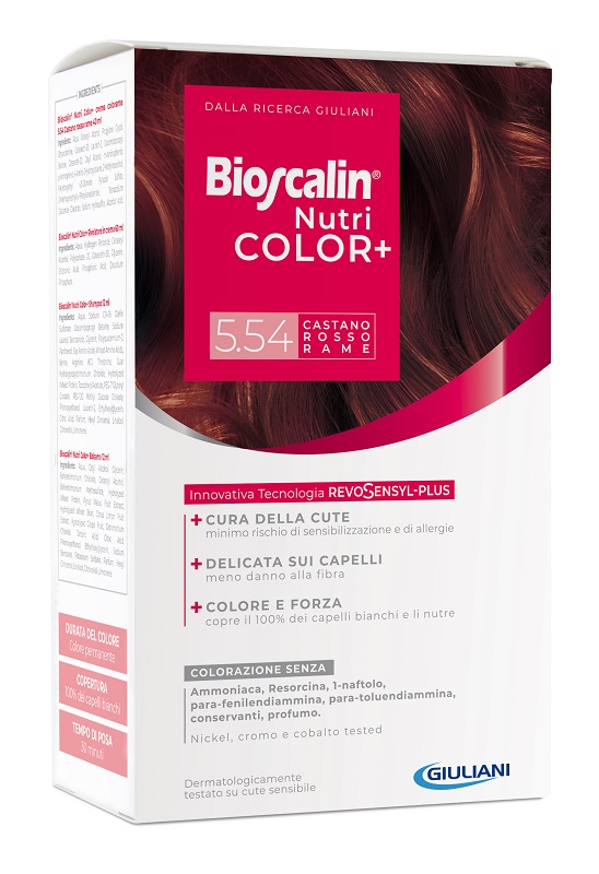BIOSCALIN NUTRICOLOR PLUS 5,54 CASTANO ROSSO RAME CREMA COLORANTE 40 ML + RIVELATORE CREMA 60 ML + SHAMPOO 12 ML + TRATTAMENTO FINALE BALSAMO 12 ML - Farmapanda Srl