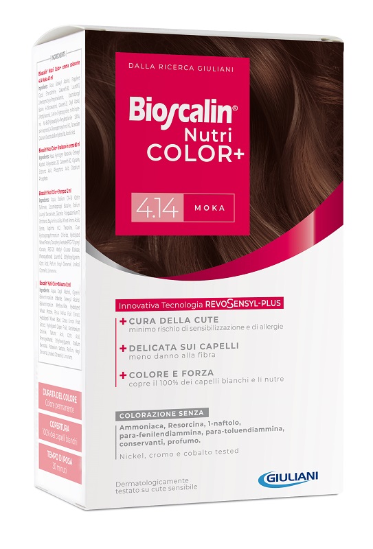 BIOSCALIN NUTRICOLOR PLUS 4,14 MOKA CREMA COLORANTE 40 ML + RIVELATORE CREMA 60 ML + SHAMPOO 12 ML + TRATTAMENTO FINALE BALSAMO 12 ML - Farmapanda Srl