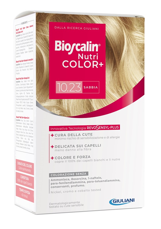 BIOSCALIN NUTRICOLOR PLUS 10,23 SABBIA CREMA COLORANTE 40 ML + RIVELATORE CREMA 60 ML + SHAMPOO 12 ML + TRATTAMENTO FINALE BALSAMO 12 ML - Farmapanda Srl