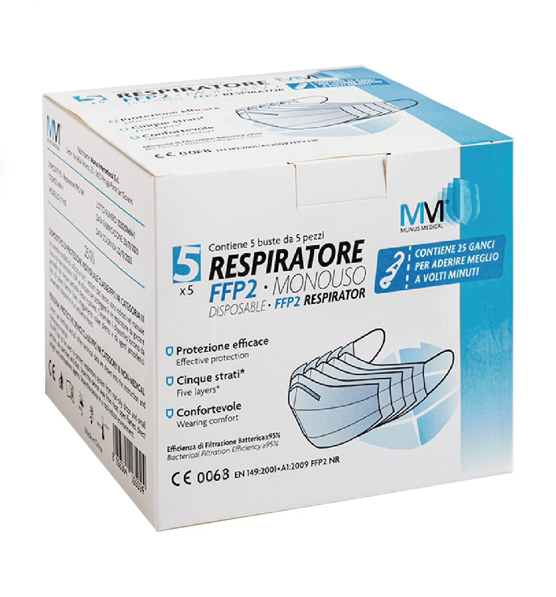 MUNUS MED RESPIRATORE FFP2 CLASSE III + GANCIO ADATTATORE 5 BUSTE DA 5 PEZZI - Farmapanda Srl