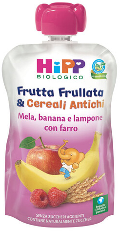 HIPP BIO FRUTTA FRULLATA&CEREALI ANTICHI MELA BANANA LAMPONE FARRO 90 G - Farmapanda Srl