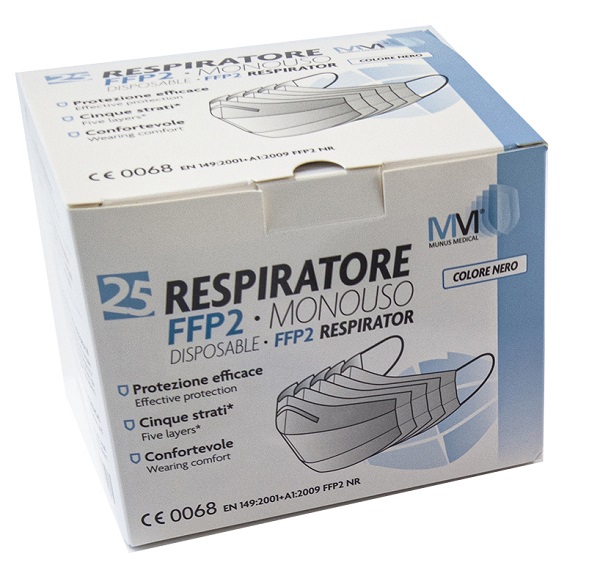 MUNUS MEDICAL RESPIRATORE FFP2 NR CLASSE III NERO 25 PEZZI - Farmapanda Srl
