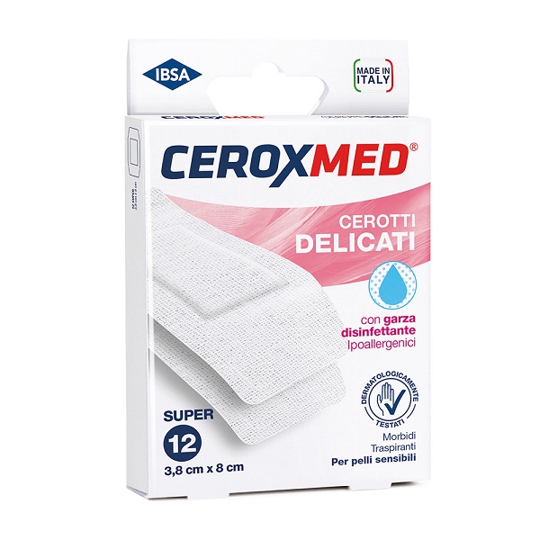 CEROTTI DELICATI CEROXMED CON GARZA DISINFETTANTE IPOALLERGENICI PER PELLI SENSIBILI SUPER 3,8X8CM 12 PEZZI - Farmapanda Srl