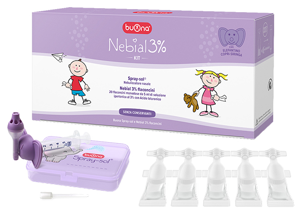 NEBIAL 3% KIT 20 FLACONCINI MONODOSE 5ML SOLUZIONE IPERTONICA CON ACIDO IALURONICO + NEBULIZZATORE SPRAY-SOL - Farmapanda Srl